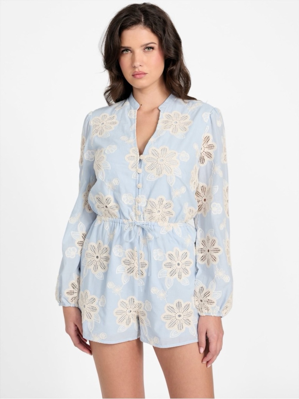 New Guess Light Blue Romper with Cream Floral Eyelet SZ S